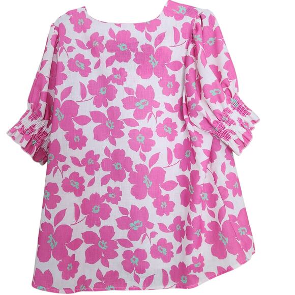 Jade by Jane Floral Pullover Blouse Top, V-neck, pink & white, sz 2X Puff Sleeve - Picture 2 of 9